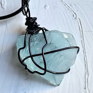 Frosted Beach Glass Pendant Necklace Wire Wrapped Artisan Handmade 4226 Y